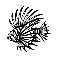Striking Black and White Lionfish Silhouette Ornamental Fins, Marine Life, Fish Art