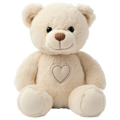 Obraz premium Teddy Bear's Comfort: A cute plush teddy bear sits ready to embrace, embodying childhood joy. It features a soft, cream-colored fur, a heart-shaped detail, and a friendly smile.