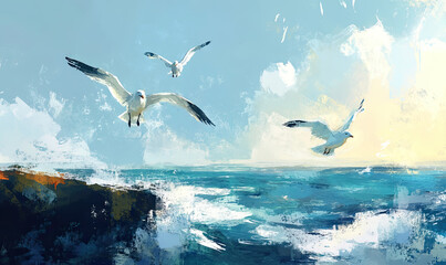 Artistic rendition of seabirds soaring above the vast ocean horizon painted 