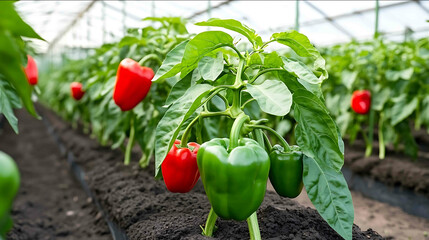 A bell pepper farm in a greenhouse with peppers growing on the ground and wrapped around plants in rows This is a real photograph