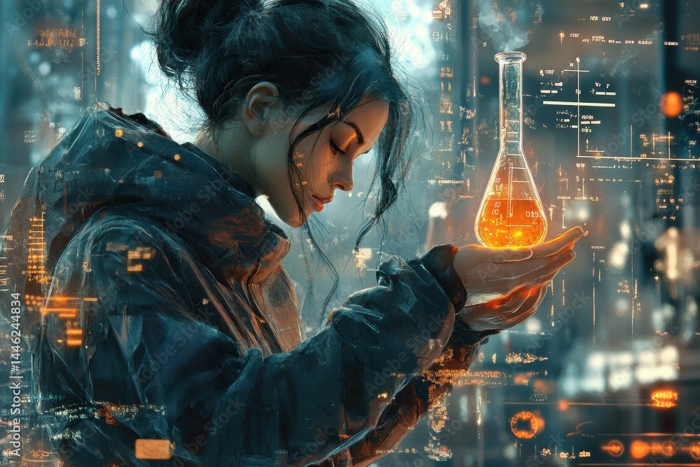 Poster caucasian woman conducts data processing while holding a glowing flask in a futuristic lab setting, 