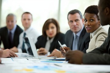 Collaborative financial data processing among diverse business professionals in a modern meeting room, financial data processing over diverse business people in office