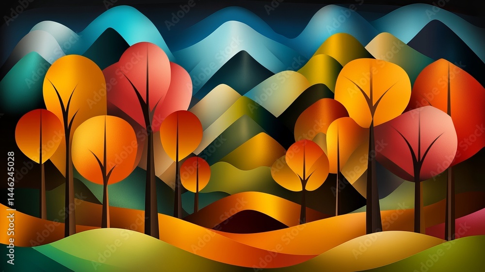 Poster abstract trees stand amidst rolling hills and distant mountains during an autumn scene with vibrant 