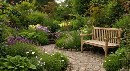 Picturesque Garden Retreat Featuring a Bench and Lush Floral Landscape