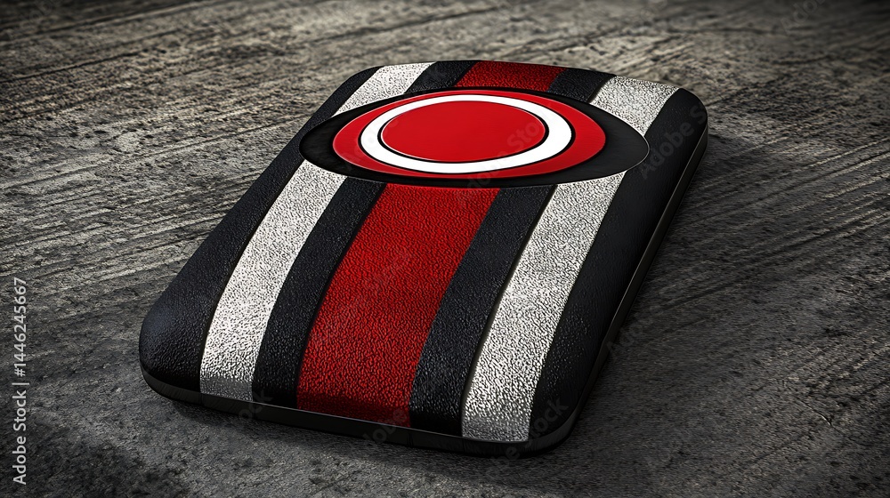 Poster rectangular case with red and gray stripes and a central red circle.