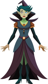 Enchanted Elf Queen: A stylized illustration of an elf queen, adorned in a regal purple and teal gown, with a pointed hat and otherworldly features.