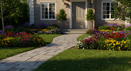 Obraz premium Charming Home Exterior With Lush Garden And Stone Pathway Leading To Door