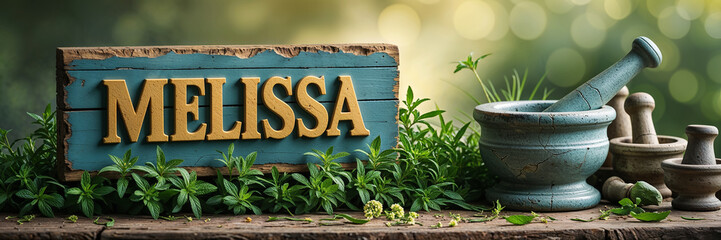 Obraz premium sign with inscription Melissa, fresh herbs on table, sunny day