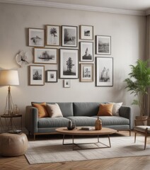 Stylish living room featuring a mixed-media gallery wall ,  apartment,  contemporary