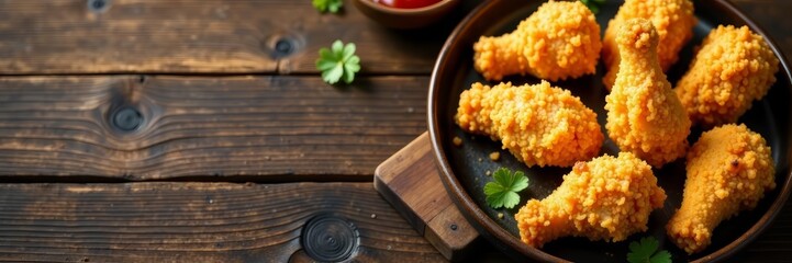 Top view of golden crunchy fried chicken pieces on rustic wooden table, crispy, delicious, meal