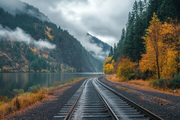Lake Road and railway alongside mountain range in autumn with misty clouds and vibrant foliage, Lake Road and Railway by Mountain Range