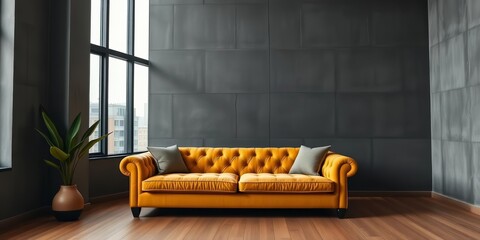 Tufted mustard sofa by floor-to-ceiling window, dark concrete wall, modern loft living room, window, decor