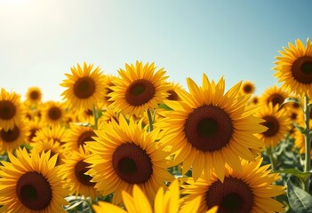 Obraz premium Vast anime-style sunflower field, vibrant yellow petals under a clear sky, field, vibrant