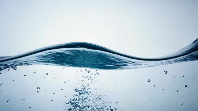 Crystal blue water with wave and bubbles gently rising to the surface in an abstract aquatic background, showcasing purity and freshness.