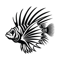 Striking Black and White Lionfish Silhouette, Graceful Aquatic Creature