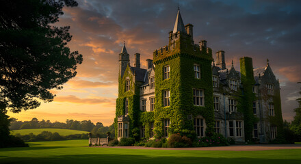 Obraz premium Enchanting Castle Covered In Ivy At Dramatic Sunset With Rolling Hills