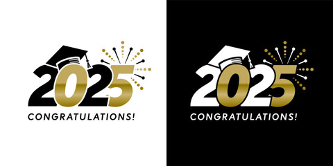 Class of 2025 graduation greetings in gold and black with college and high school graduation caps for t-shirts, flyers and greeting cards