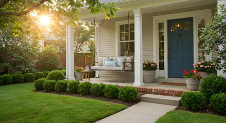 Welcoming Home With Inviting Porch Swing And Beautifully Landscaped Yard
