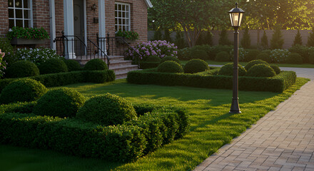 Fototapeta premium Elegantly Maintained Estate Garden With Manicured Boxwood and Vintage Street Light