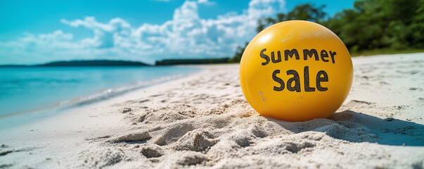 Summer Sale Ball on Sandy Beach with Clear Blue Sky  
