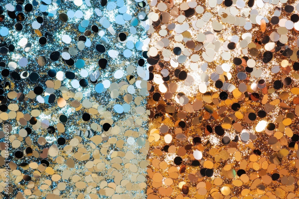 Poster Sparkling reflectors create a stunning backdrop with silver and gold tones perfect for events or celebrations, Two able backgrounds of sparkly reflectors