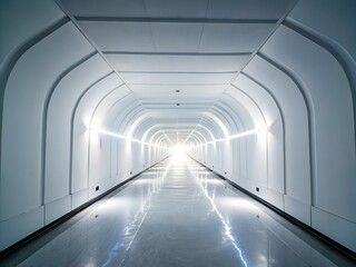 Obraz premium A futuristic white hallway with a glowing light at the end,white hallway with a bright light at the end. A long, empty hallway with a bright light shining down on it.
