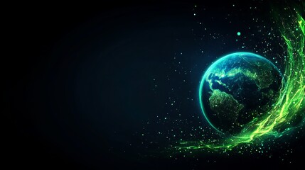 Obraz premium Earth appears glowing with green energy trails against a dark space background with scattered stars.