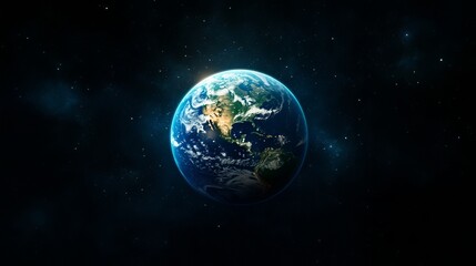 Fototapeta premium Earth floats in outer space showing continents, oceans, and cloud formations with stars scattered across the background.
