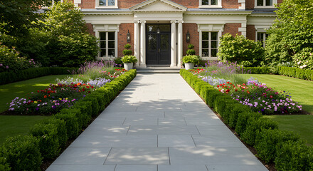 Fototapeta premium Pathway Leads To Elegant Brick Residence With Manicured Garden