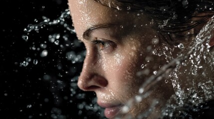  Intense close-up of woman&rsquo;s wet face in water