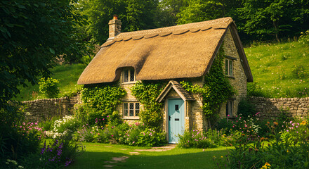 Fototapeta premium Charming Thatched Cottage Surrounded By Lush Greenery In The Countryside