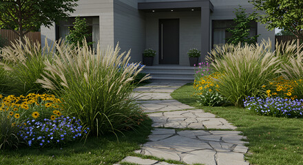 Obraz premium Charming Home Entrance Displaying Serene Garden Path and Flourishing Plants