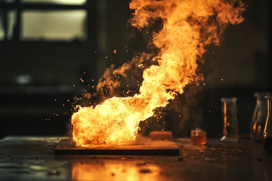Chemical reaction creates a large fireball in a laboratory setting during a science demonstration, the ignition of a fire from chemicals with a large release of heat