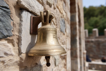 Obraz premium A shinny smooth surface golden bell on the stonewall on an ancient building