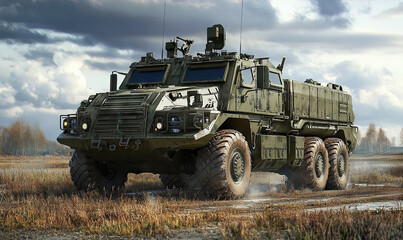 Advanced Military Truck on Field Maneuvers Under Cloudy Sky Landscape Scenery for National Defense Transportation Day