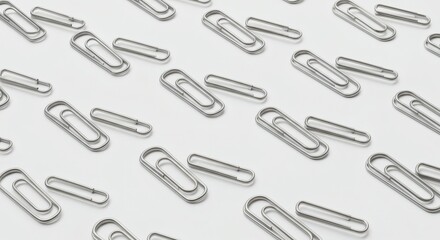 Realistic metallic paperclips and pins arranged in pattern. Bright metal shine and shadows on clean white background.

