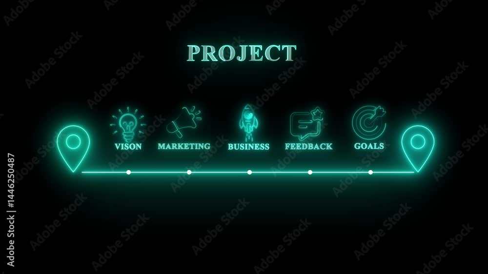 Aufkleber glowing neon project concept with thin line icons on black background. infographic design. chart wit