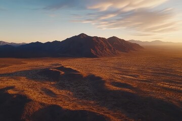 Naklejka premium Dawn aerial view showcases remote desert mountains under soft sunlight in an expansive landscape, Dawn aerial shot of some remote desert mountains in California near the Nevada border