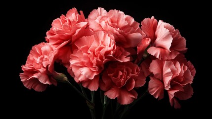 Vibrant red flowers, lush petals clustered together, striking against dark backdrop, perfect for invitations or decor themes.