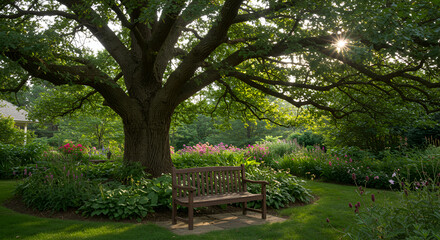 Fototapeta premium Serene Garden With A Grand Tree And Bench Under Shimmering Sunlight