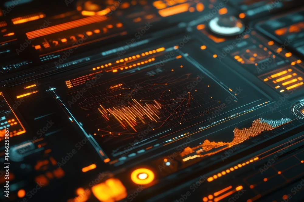 Poster futuristic data analysis and scanning interface showcasing vibrant digital analytics in an advanced 