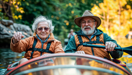 Cheerful active seniors floating on river in inflatable boat