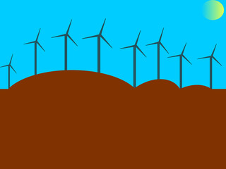 Ilustración de varios  molinos de viento para producir energía en el campo