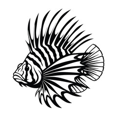 Black And White Lionfish Silhouette Design, Isolated Illustration, Unique Tropical Fish
