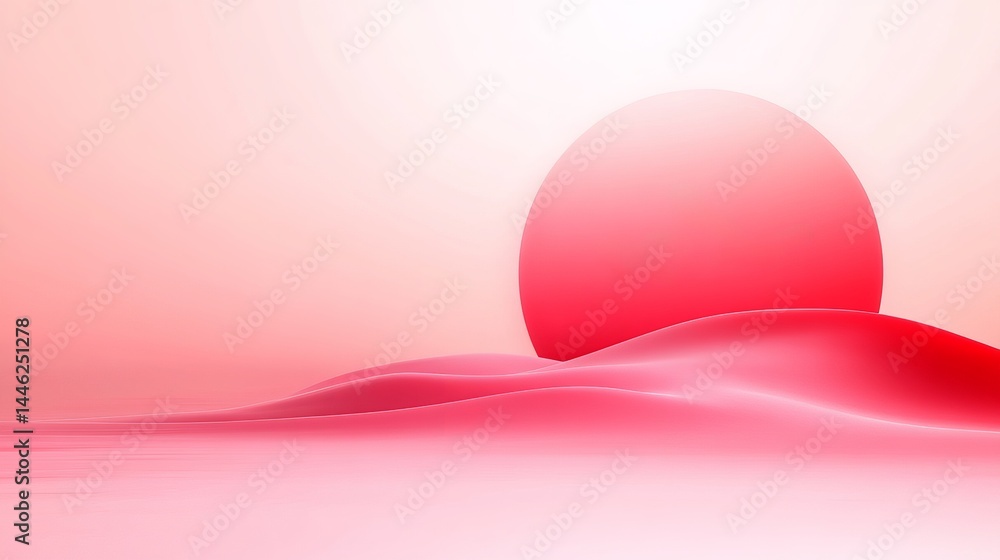Poster large red sphere hovers behind soft rolling hills under a bright ambient light creating a surreal mi