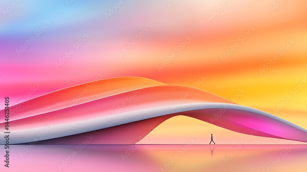 Poster lone figure walks underneath colorful abstract structure with soft lighting and reflection on the gr
