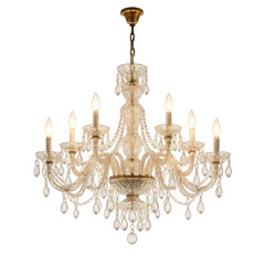 Ornate glass and crystal chandelier with candle-shaped lights, dripping with many sparkling faceted drops.