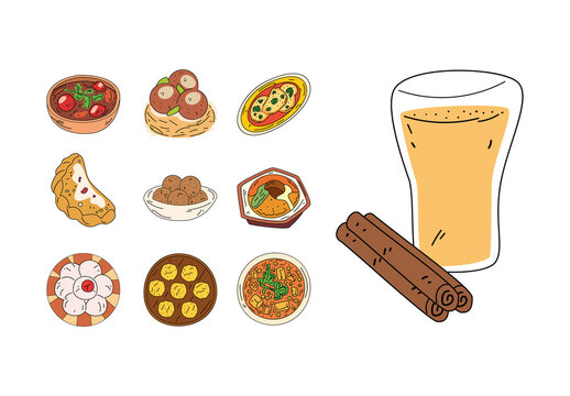 Colorful Traditional Dishes And Cuisine Illustration Set