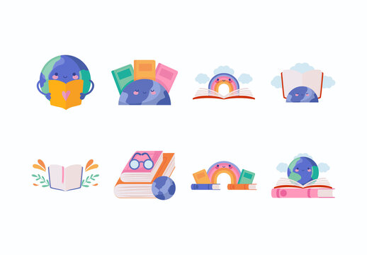 Colorful World Education Book Celebration Icons Set