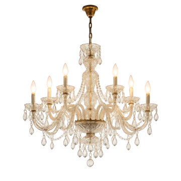 Ornate glass and crystal chandelier with candle-shaped lights, dripping with many sparkling faceted drops.